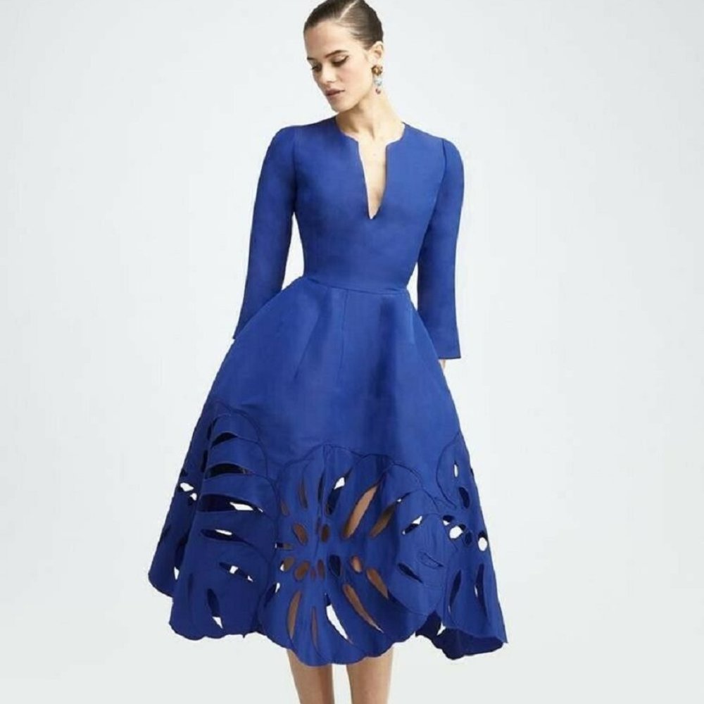 $4,590 NEW OSCAR DE LA RENTA BLUE SILK LEAF MIDI DRESS US S
